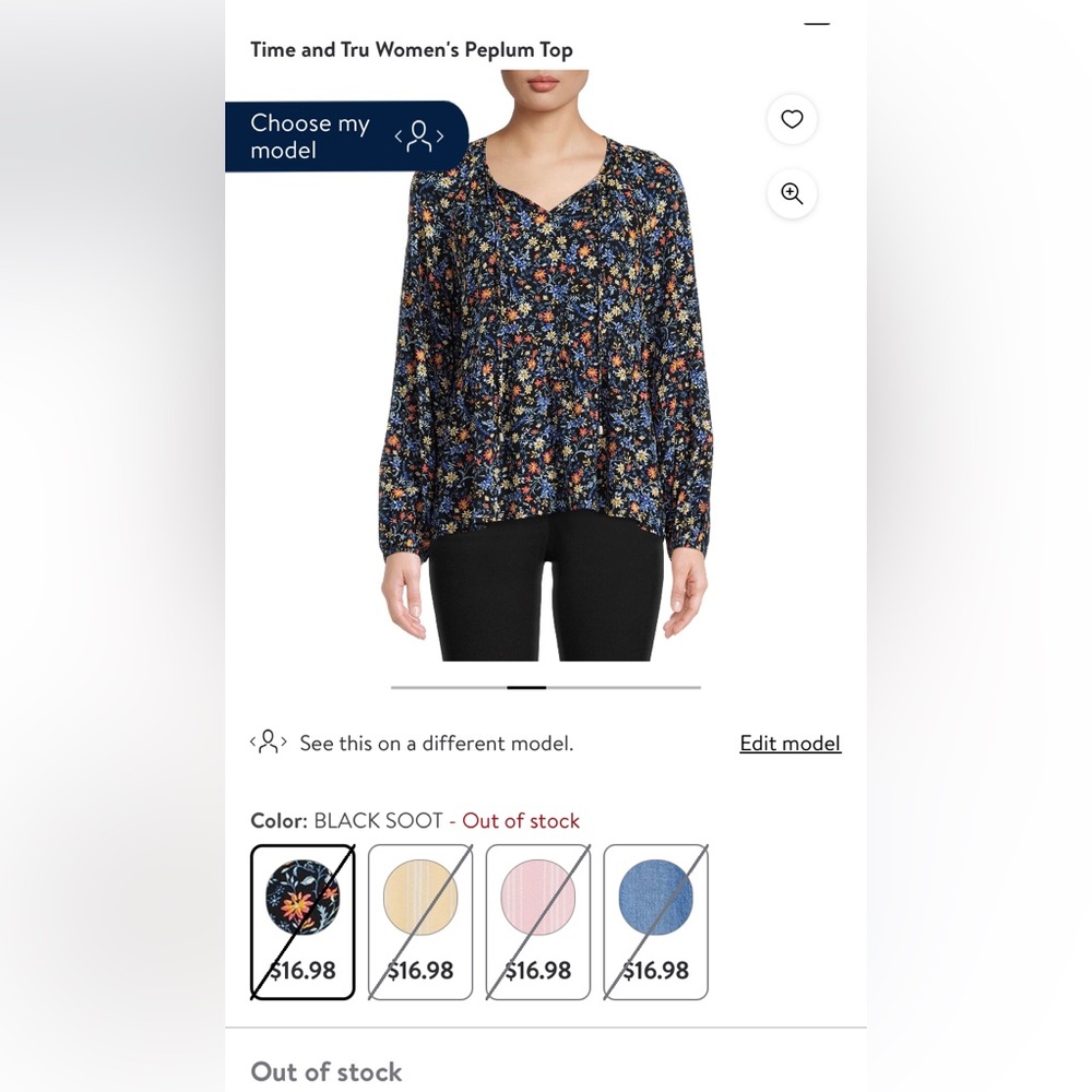Walmart Time and Tru Peplum Top, black/multi color floral, Size L